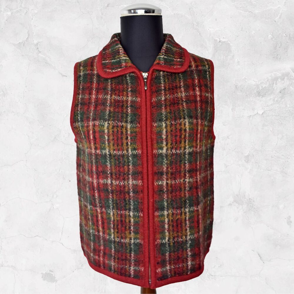 Catherine Stewart Plaid Wool Vest Zip Front Detachable Fur Collar-Women's Size S
